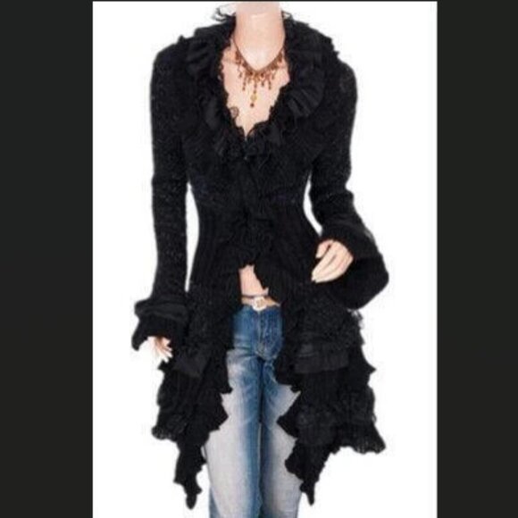 Cecico Size M Black Victorian Crochet Cardigan Gothic Steampunk Knit Sweater - Picture 2 of 16